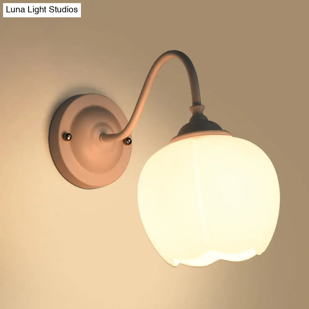 White Glass Wall Sconce With Gooseneck Arm - Countryside Flower Bud Lamp