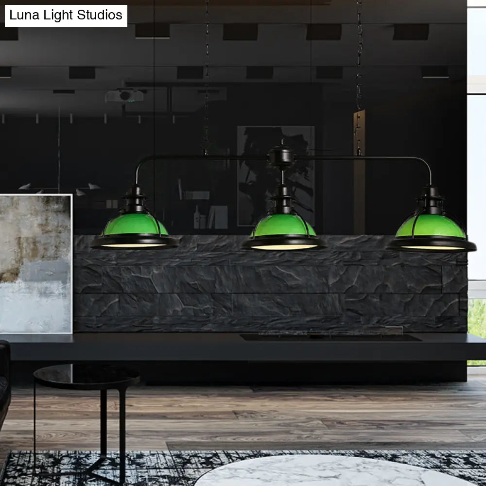 White/Green Glass Dome Pendant Lighting With Industrial Vibe - 3 Lights Ideal For Dining Table