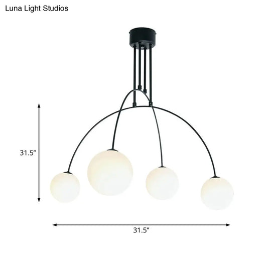 White Chandelier Pendant For Living Room With Arch Iron Shade And Milk Glass Balls