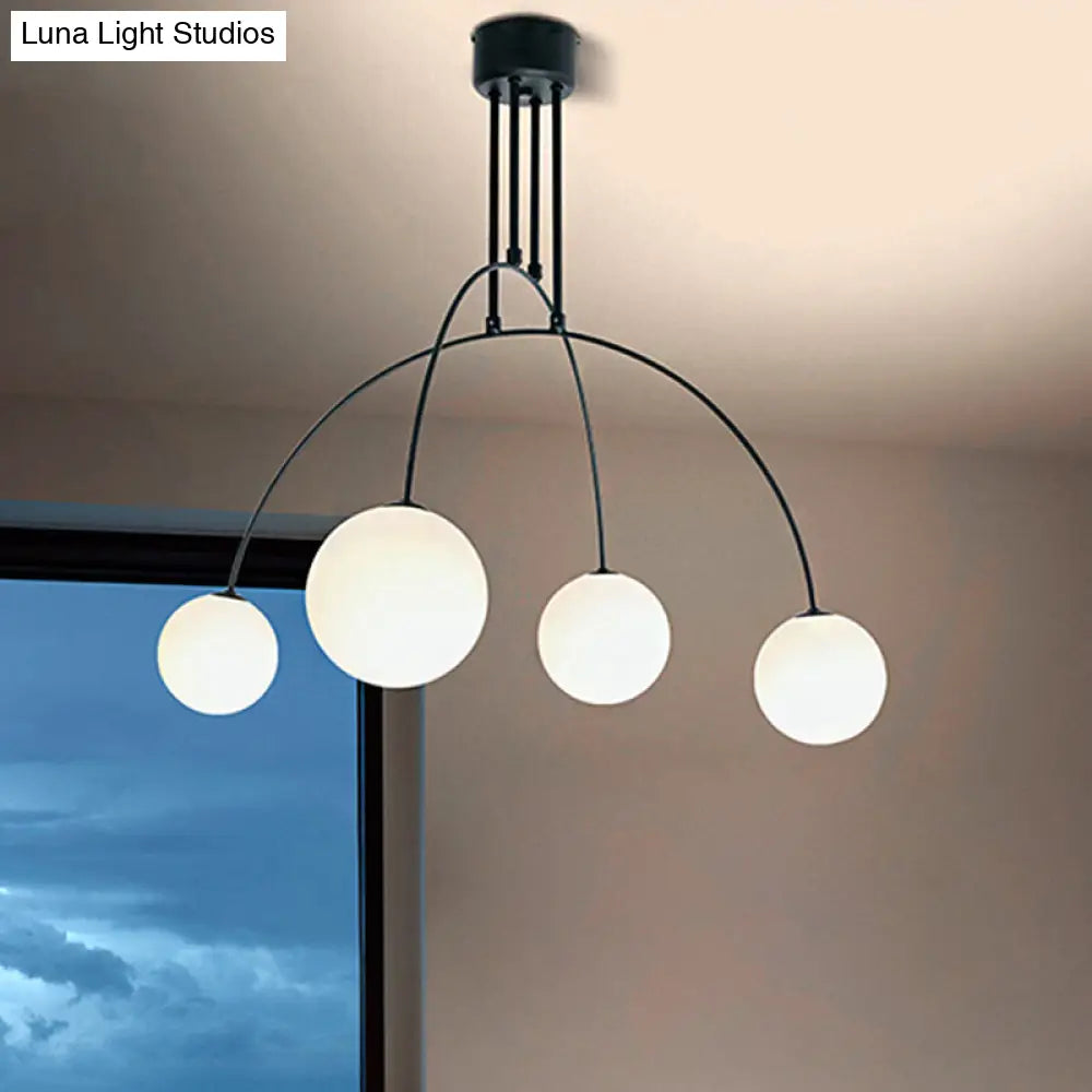 White Chandelier Pendant For Living Room With Arch Iron Shade And Milk Glass Balls
