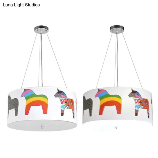 White Horse Fabric Chandelier: Animal Round Pendant For Kid Bedroom