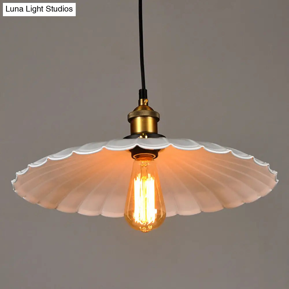 White Industrial Metal Scalloped Umbrella Pendant Light - Single Ceiling Hanging / 16.5