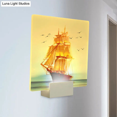 White Led Oriental Square Wall Mural With Sailing Boat And Sea Design