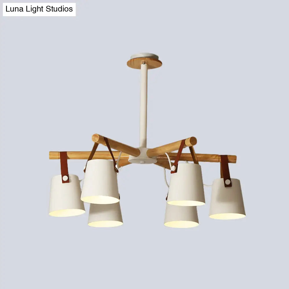 White Metal Chandelier: Barrel Living Room Pendant Lamp with Leather Strap - 6 Lights White