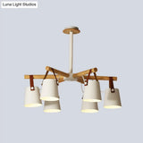 White Metal Chandelier: Barrel Living Room Pendant Lamp with Leather Strap - 6 Lights White
