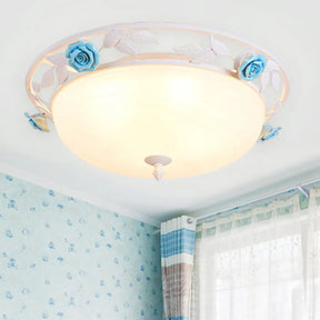 White Metal Flush Mount Ceiling Light For Living Room With Pastoral Dome Design And 1 Bulb