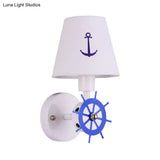 White Nautical Fabric Sconce Wall Light With Tapered Shade For Study Room