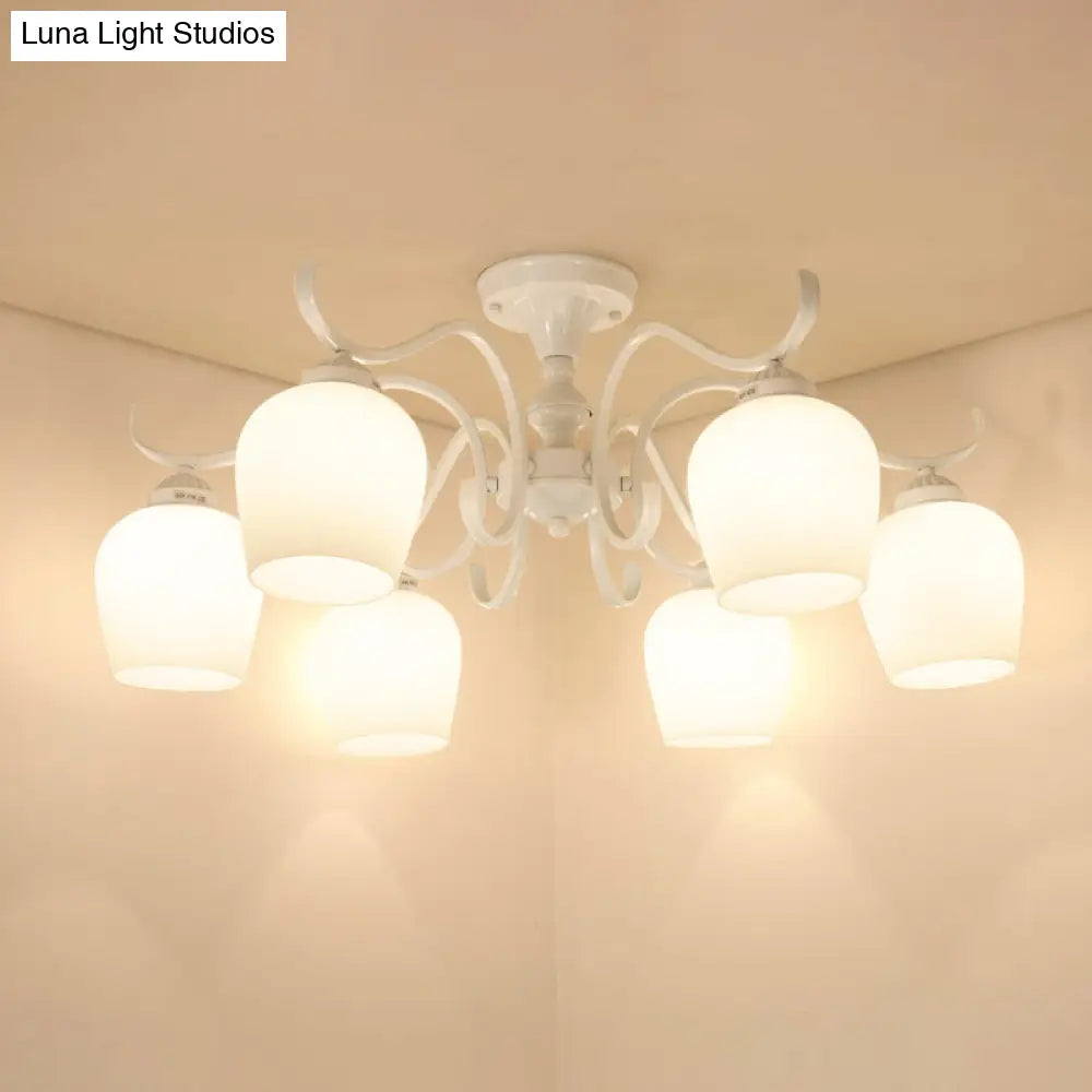 White Opaline Glass Cone Ceiling Lamp - 6 - Light Semi Flush Chandelier In Countryside Style