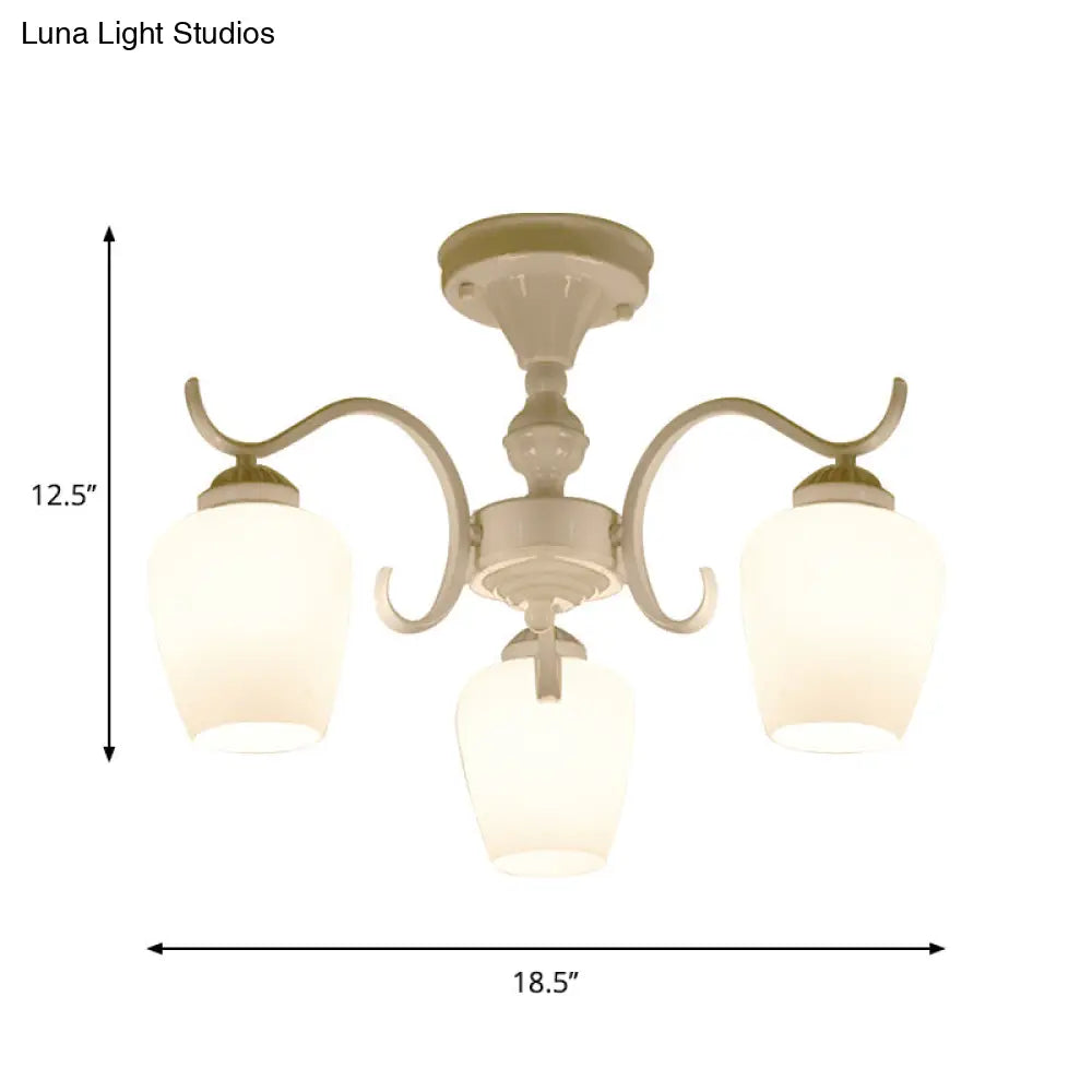 White Opaline Glass Cone Ceiling Lamp - 6 - Light Semi Flush Chandelier In Countryside Style