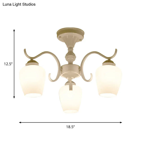 White Opaline Glass Cone Ceiling Lamp - 6 - Light Semi Flush Chandelier In Countryside Style