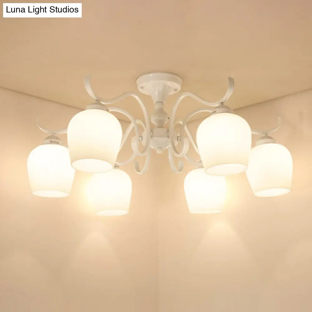 White Opaline Glass Cone Ceiling Lamp - 6-Light Semi Flush Chandelier In Countryside Style 18.5/24.5