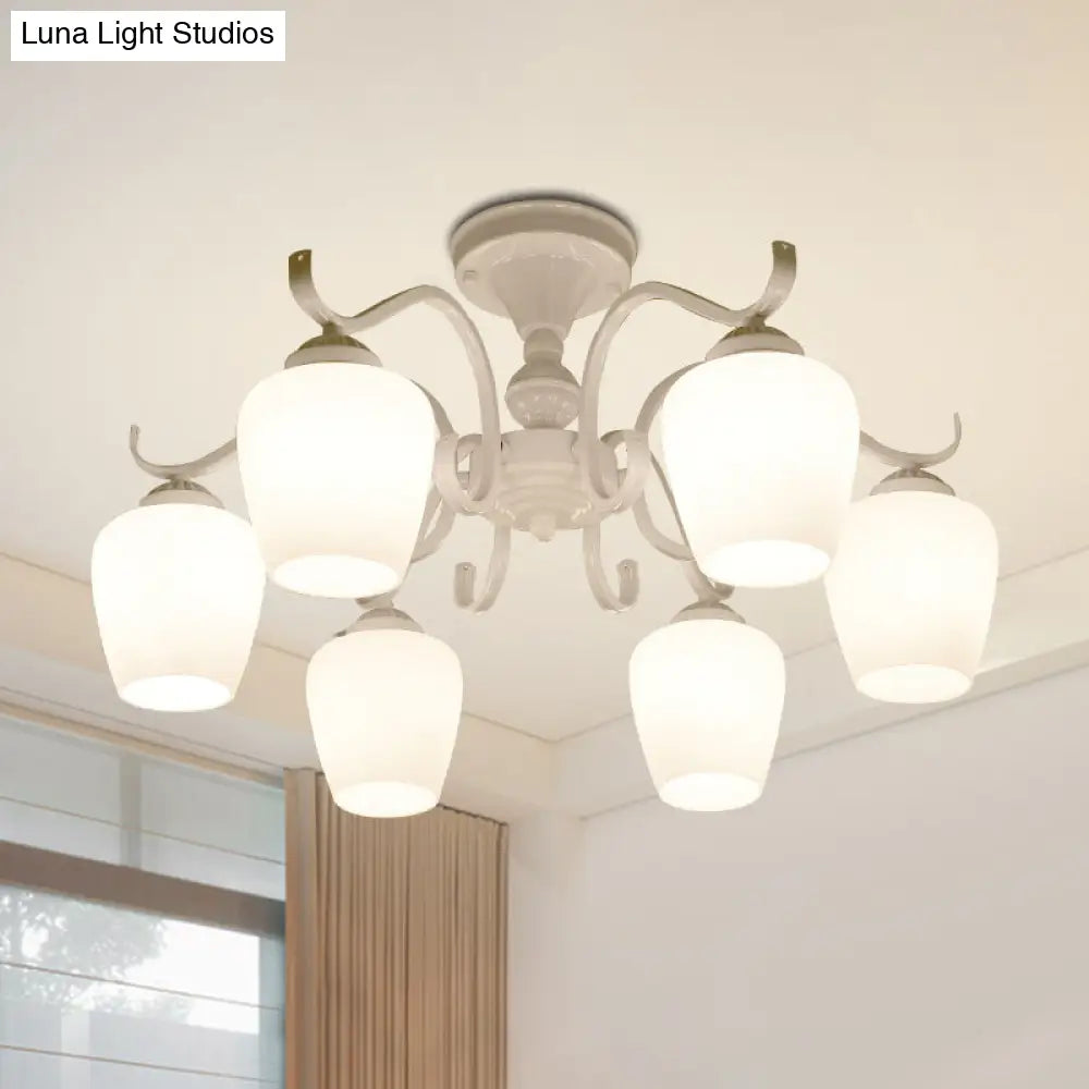 White Opaline Glass Cone Ceiling Lamp - 6 - Light Semi Flush Chandelier In Countryside Style