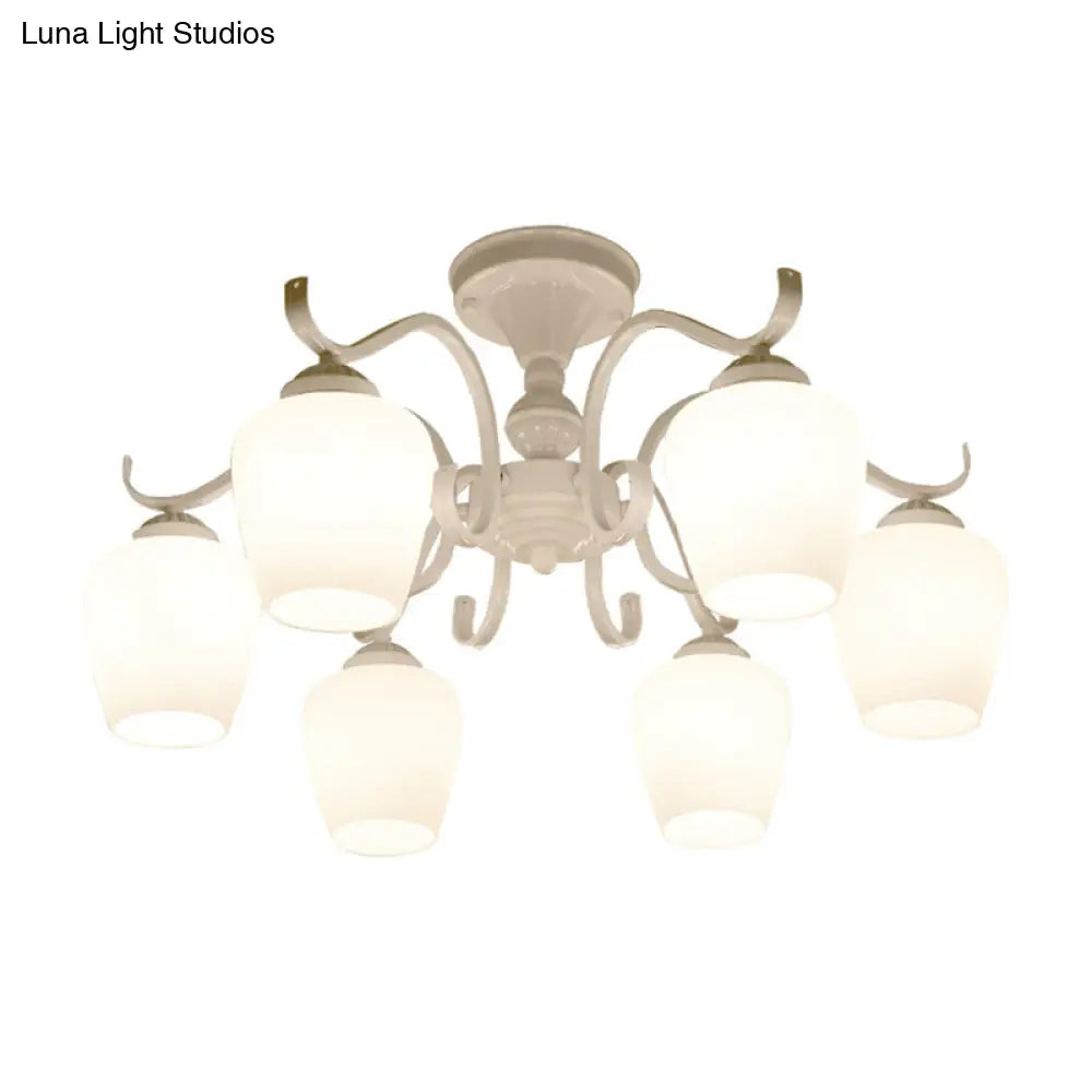 White Opaline Glass Cone Ceiling Lamp - 6-Light Semi Flush Chandelier In Countryside Style 18.5/24.5