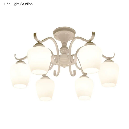 White Opaline Glass Cone Ceiling Lamp - 6-Light Semi Flush Chandelier In Countryside Style 18.5/24.5