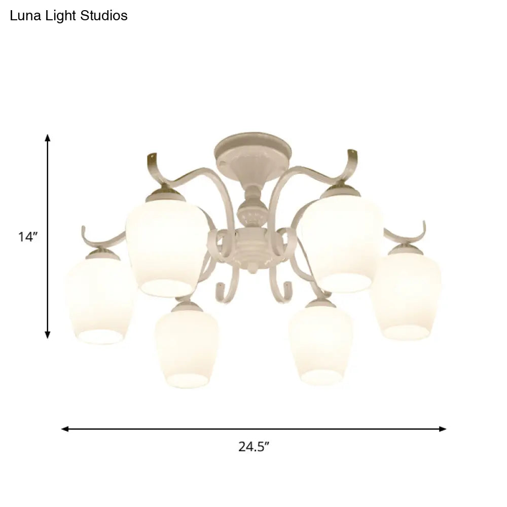White Opaline Glass Cone Ceiling Lamp - 6 - Light Semi Flush Chandelier In Countryside Style