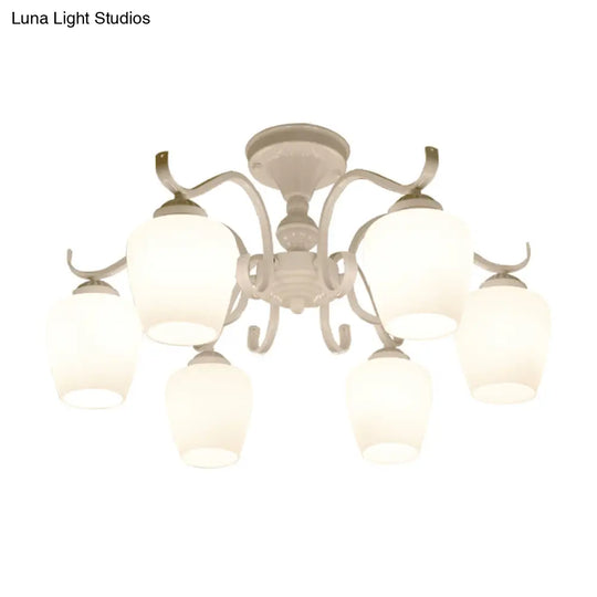 White Opaline Glass Cone Ceiling Lamp - 6 - Light Semi Flush Chandelier In Countryside Style