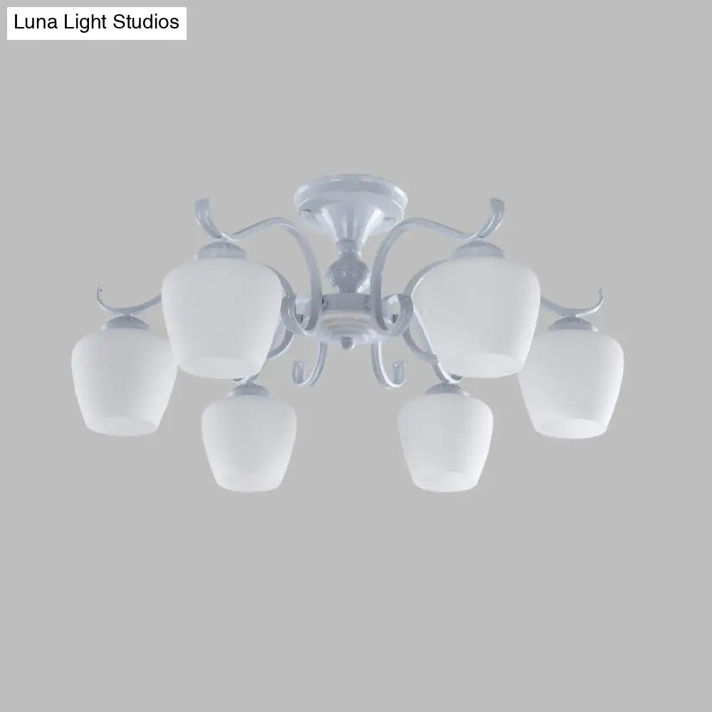White Opaline Glass Cone Ceiling Lamp - 6-Light Semi Flush Chandelier In Countryside Style 18.5/24.5