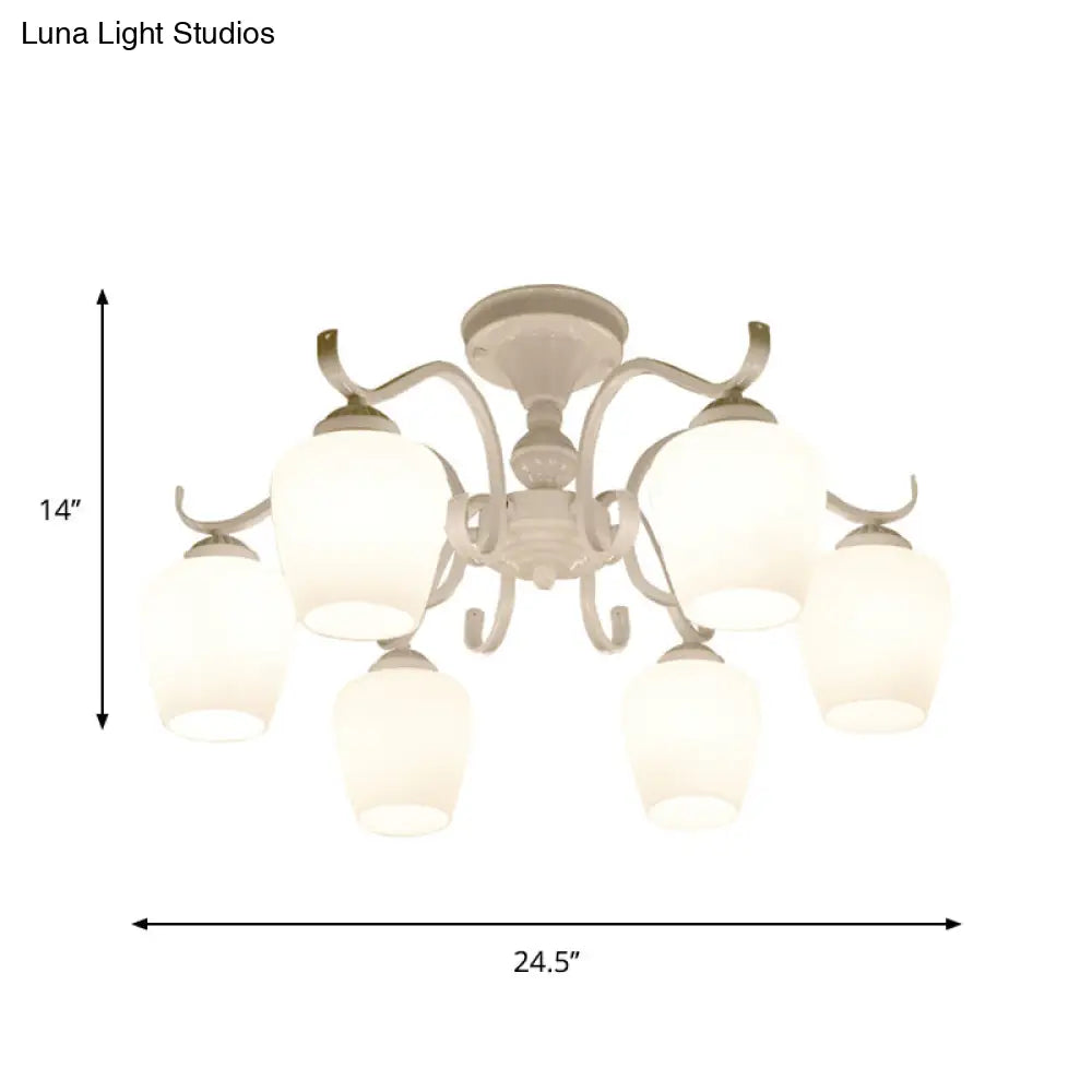 White Opaline Glass Cone Ceiling Lamp - 6-Light Semi Flush Chandelier In Countryside Style 18.5/24.5
