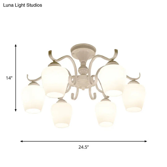 White Opaline Glass Cone Ceiling Lamp - 6-Light Semi Flush Chandelier In Countryside Style 18.5/24.5