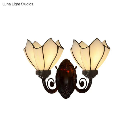 White/Pink Glass Petal Wall Sconce With Swirl Arm - 2 Lights Mediterranean Lighting Fixture For