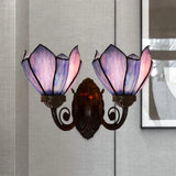 White/Pink Glass Petal Wall Sconce With Swirl Arm - 2 Lights Mediterranean Lighting Fixture For