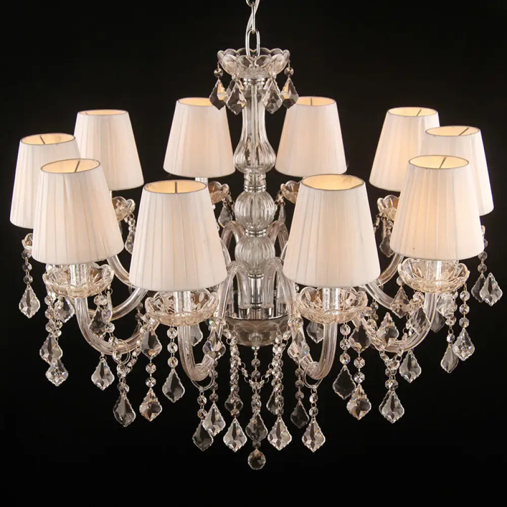White Pleated Fabric Chandelier With Crystal Pendalogues - Transitional Pendant Light 10 / Chrome