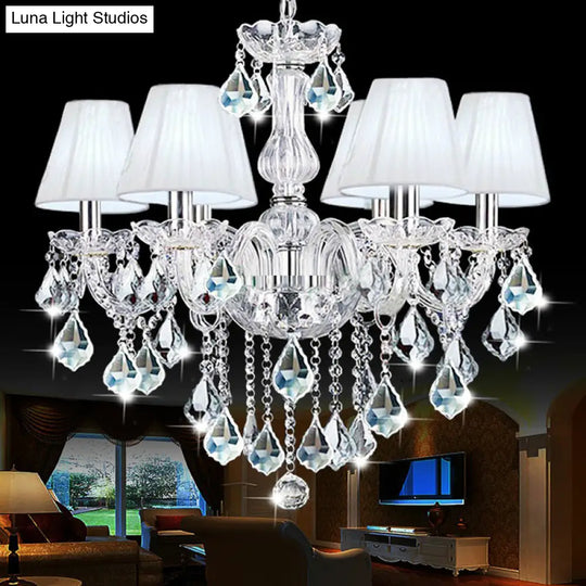 White Pleated Fabric Chandelier With Crystal Pendalogues - Transitional Pendant Light