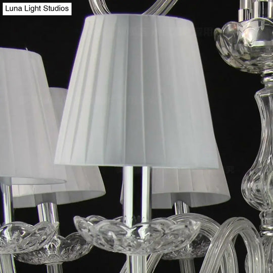 White Pleated Fabric Chandelier With Crystal Pendalogues - Transitional Pendant Light
