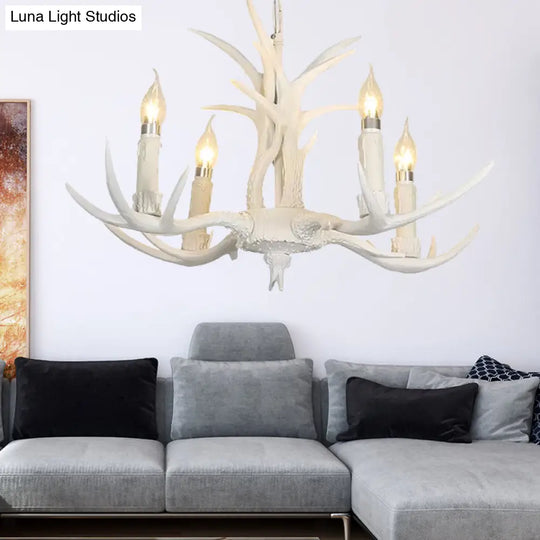 White Resin Hanging Chandelier Candle Pendant Light For Bedroom - 4/8 Bulbs Traditional Fixture