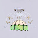 White Semi Flush Tiffany Style Ceiling Light With Stained Glass Dome Shade- 1