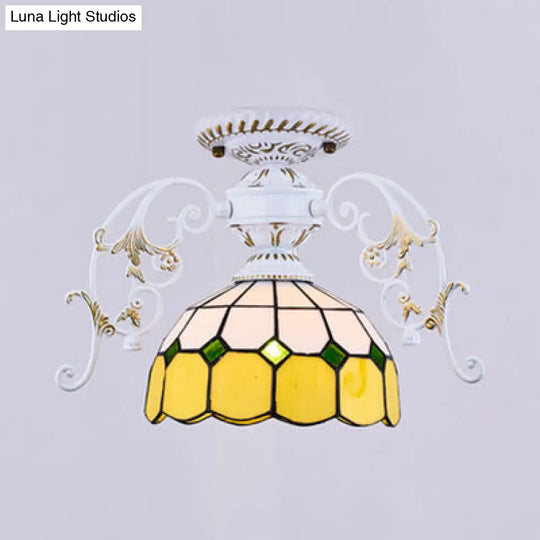 White Semi Flush Tiffany Style Ceiling Light With Stained Glass Dome Shade- 1