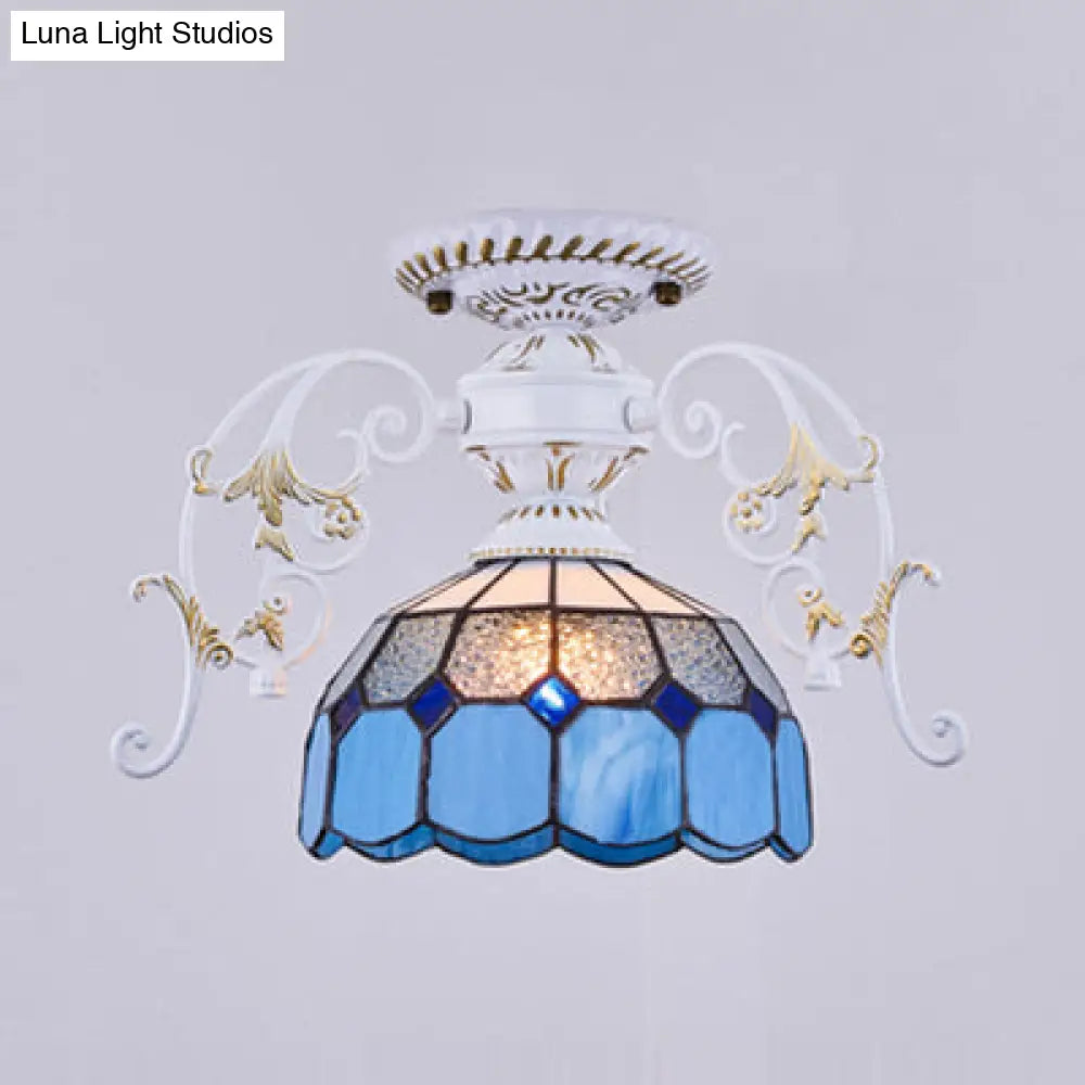 White Semi Flush Tiffany Style Ceiling Light With Stained Glass Dome Shade- 1