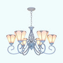 White Stained Glass Chandelier With Metal Chain And Curved Arm - 5/6 Lights 6 /
