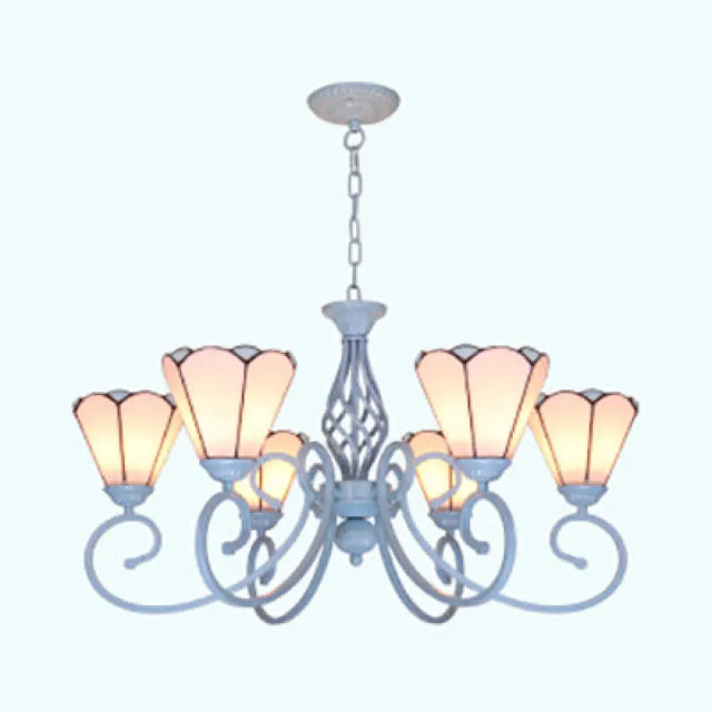 White Stained Glass Chandelier With Metal Chain And Curved Arm - 5/6 Lights 6 /