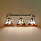 White Stained Glass Sconce Lighting - Tiffany Pyramid 3-Head Wall Fixture