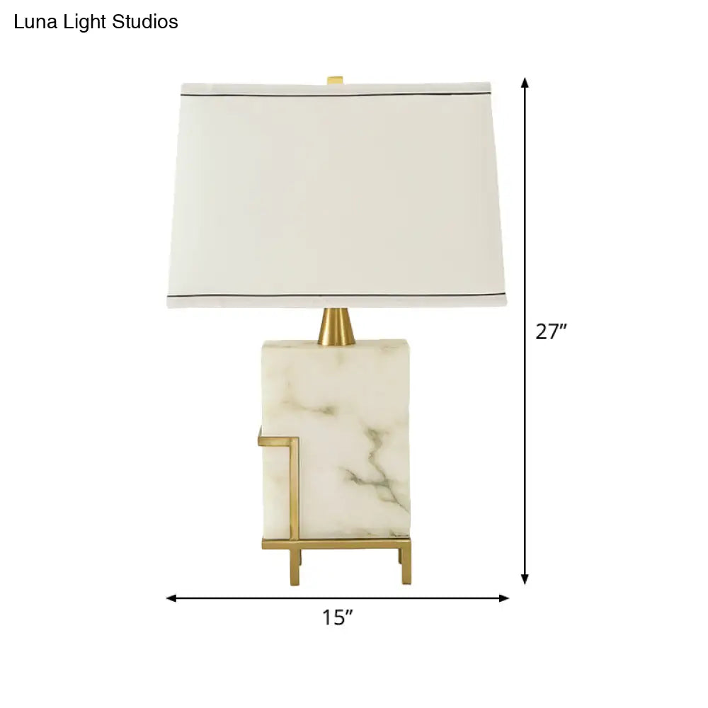 White Tapered Task Lamp - Modern 1-Head Fabric Desk Light With Marble Base