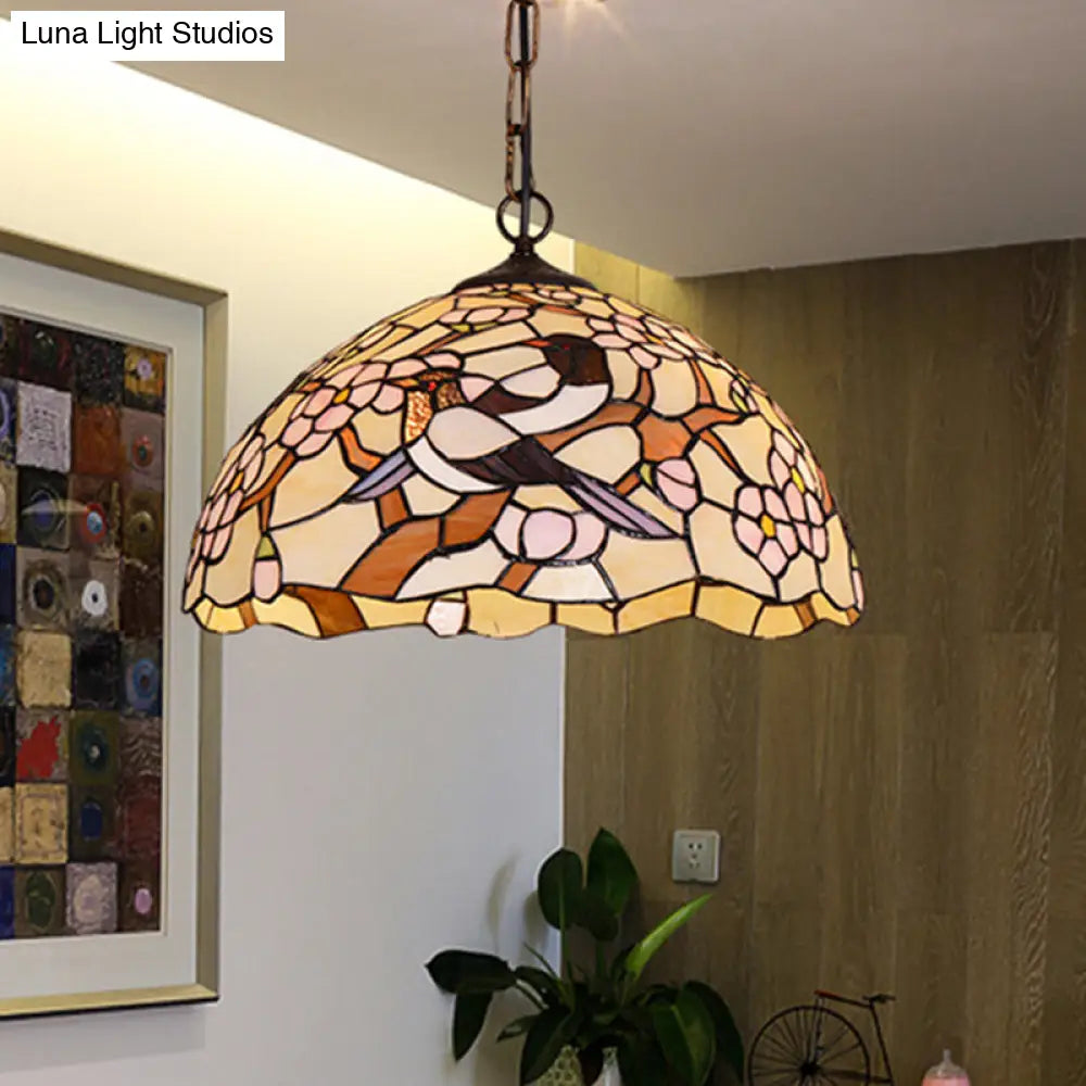 Victorian Stained Glass Ceiling Lamp With White Tropical Bird Pendant - 1 Light