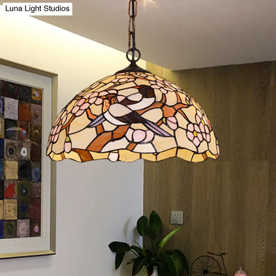 Victorian Stained Glass Ceiling Lamp With White Tropical Bird Pendant - 1 Light