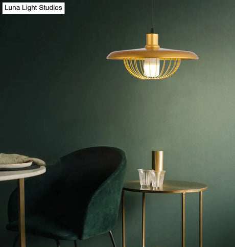 Wire Cage Down Lighting Pendant With Metal Shade - Modern Style Fixture