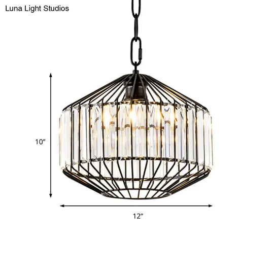 Wire Geometric Suspension Light With Crystal Block Accent - Modern Black Ceiling Pendant
