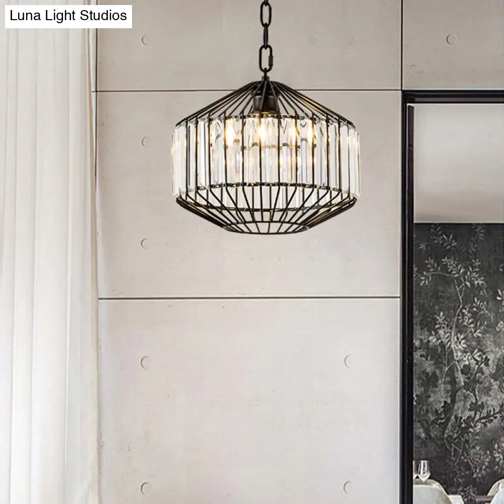 Modern Black Geometric Pendant Light With Crystal Block - Wire Suspension 1