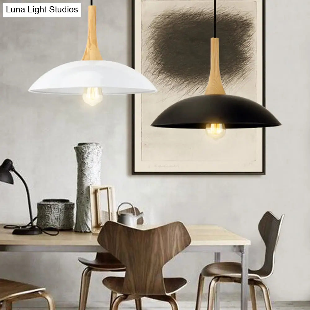 Wood And Metal Modernist Ceiling Pendant Light - Black/White 12.5’/16’ W 1 Head For Table