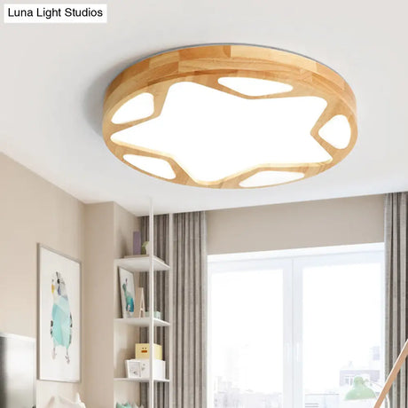 Wood Art Deco Led Flush Ceiling Light - Star Living Room Fixture In Beige