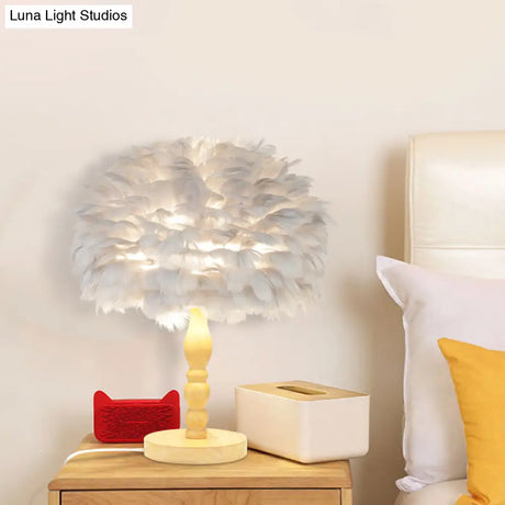 Wood Baluster Nightstand Lamp With Feather Dome Shade Grey/White