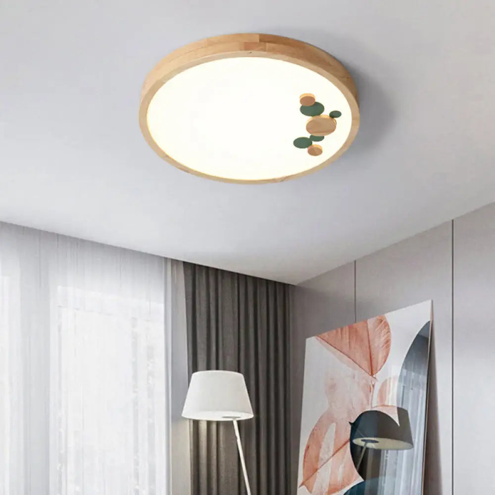 Wood Bedroom Led Circle Flush Mount Ceiling Light Green / 10’ Warm