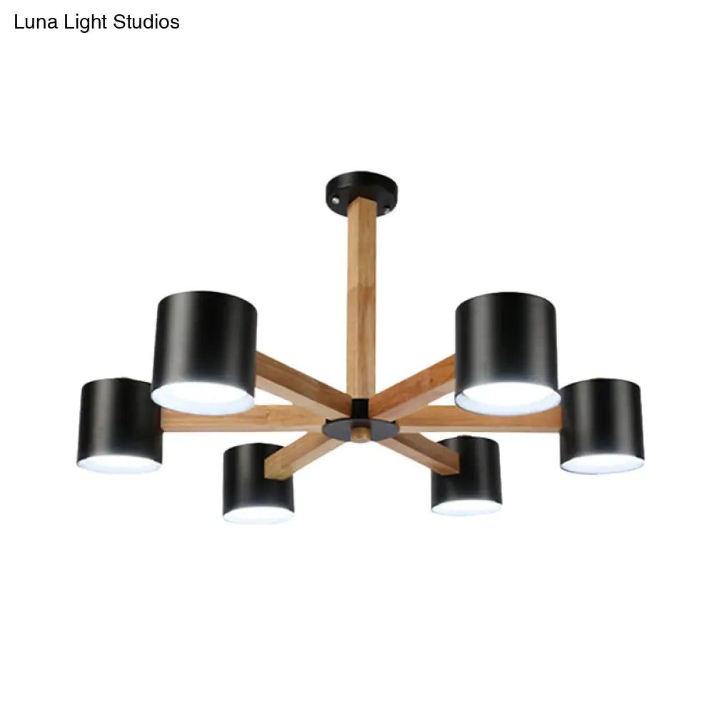 Nordic Style Wood And Iron Drum Shade Chandelier Pendant Light For Study Room In Black/White