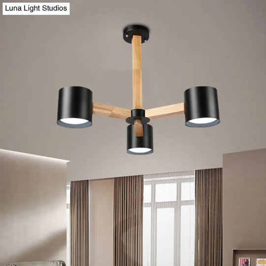 Nordic Style Wood And Iron Drum Shade Chandelier Pendant Light For Study Room In Black/White