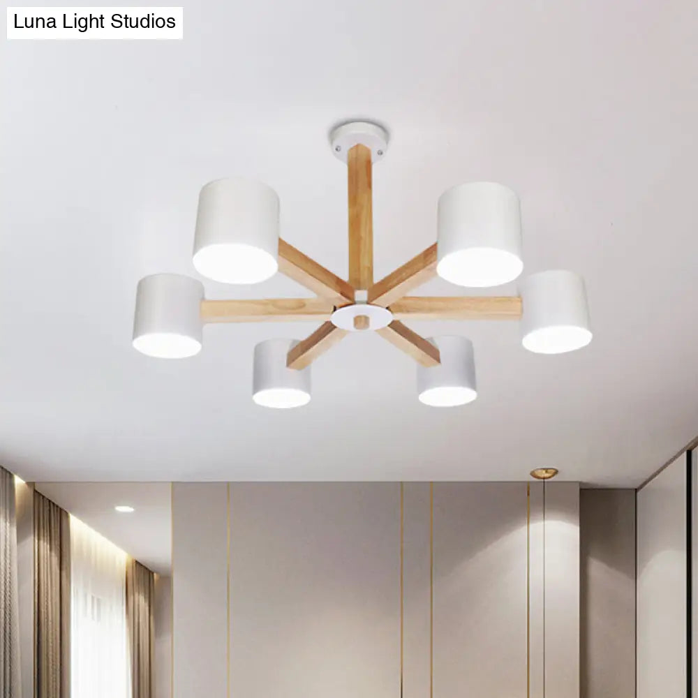 Wood & Iron Nordic Pendant Light With Drum Shade For Study Room In Black/White