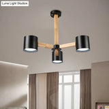 Wood & Iron Nordic Pendant Light With Drum Shade For Study Room In Black/White