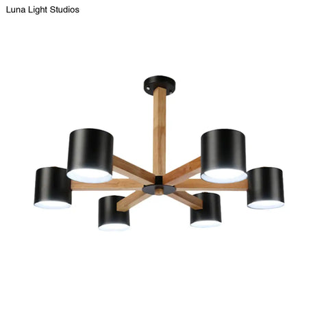 Wood & Iron Nordic Pendant Light With Drum Shade For Study Room In Black/White